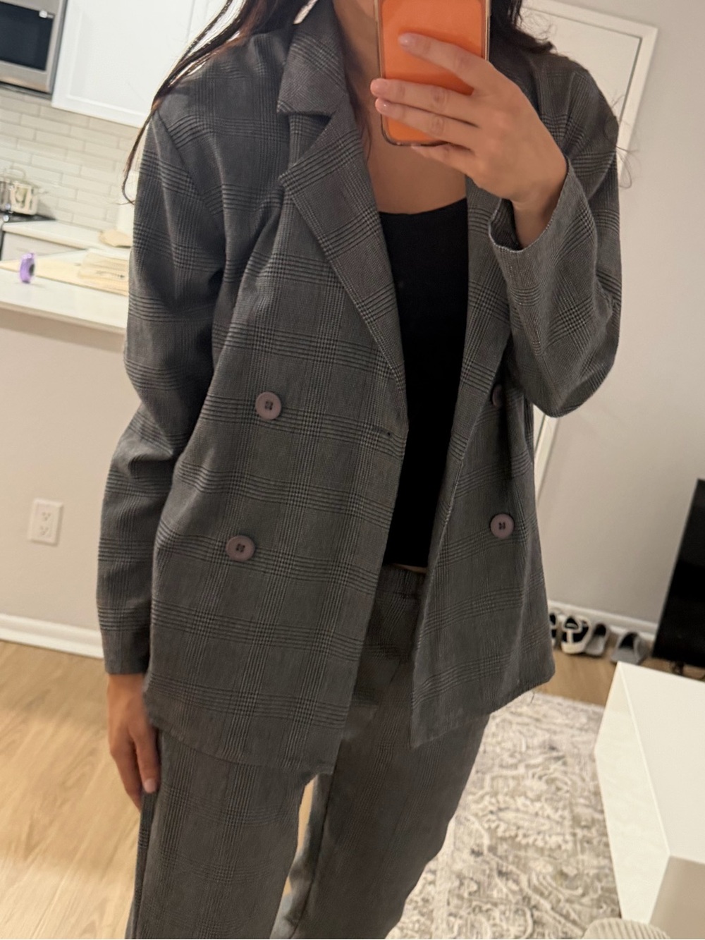 Women's Gray Checked Double-Breasted Blazer Jacket and pants